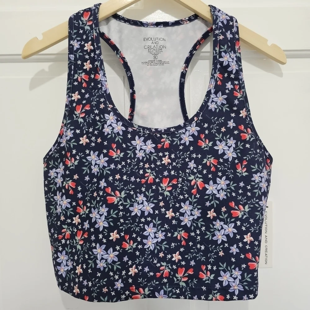 Evolution And Creation Navy Floral Racerback Crop Tank Top Sports Bra Size XL